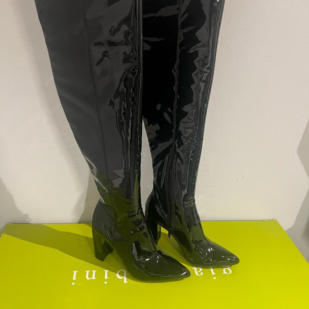 Black patent knee high boots